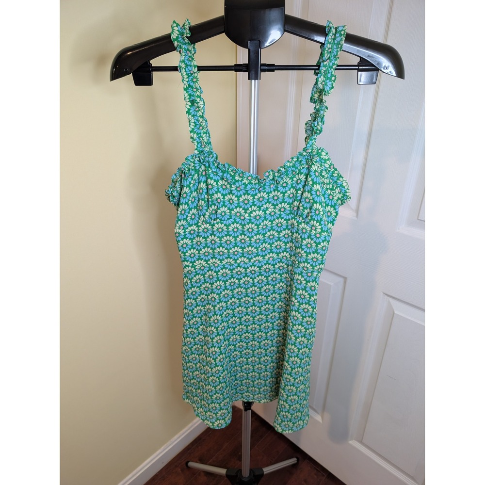 Zara Mini Dress Womens Medium Green Blue Daisy Floral Ruffle Smocked Back